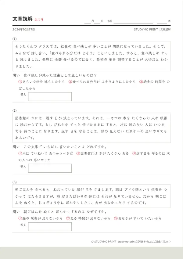 文章読解プリントメーカーの見本（A4・1枚目）