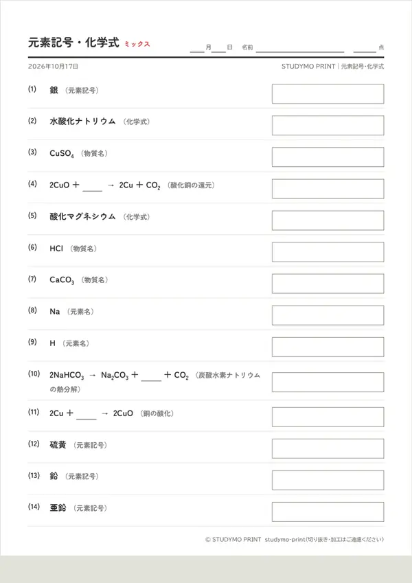 元素記号・化学式メーカーの見本(A4・1枚目)