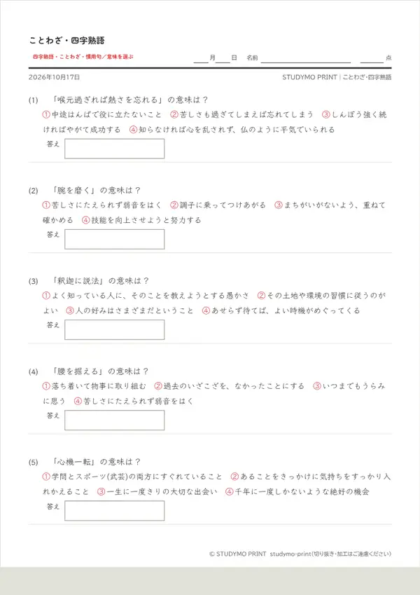 ことわざ・四字熟語メーカーの見本（A4・1枚目）