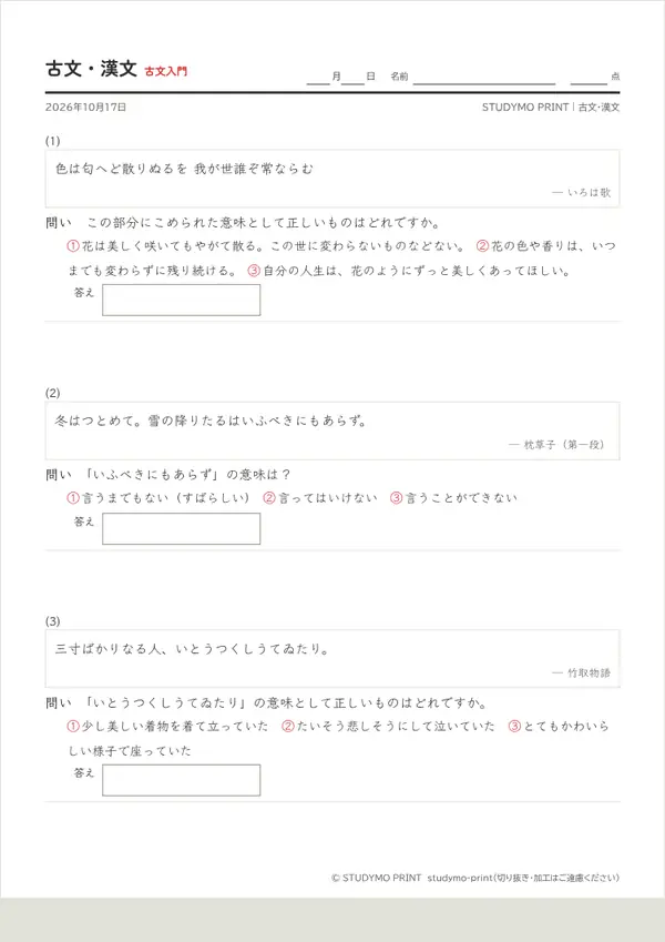 古文・漢文プリントメーカーの見本（A4・1枚目）