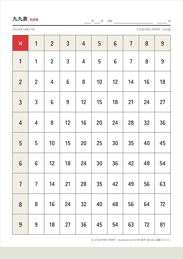九九表メーカーの見本(A4・1枚目)