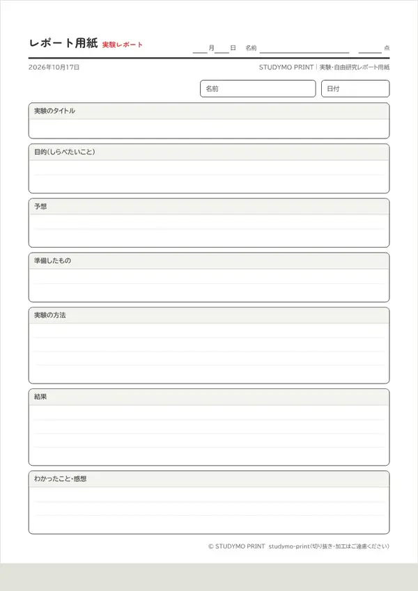 実験・自由研究レポート用紙の見本（A4・1枚目）